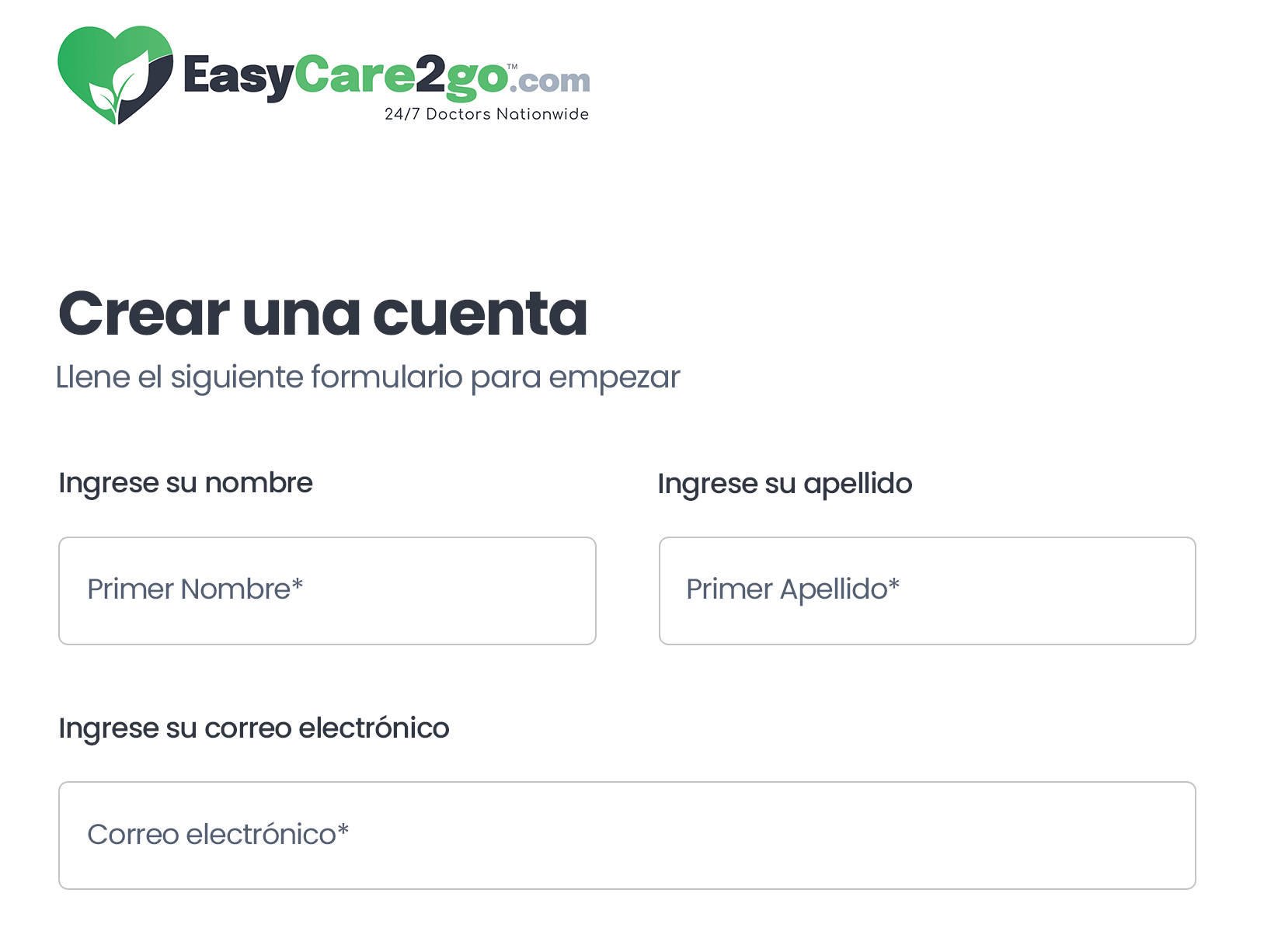 Easycare2go Create Account in Spanish